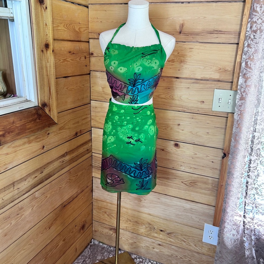 Vintage CoOrd Set Womens Free Size Green Psychedelic Festival Rave O'Lala